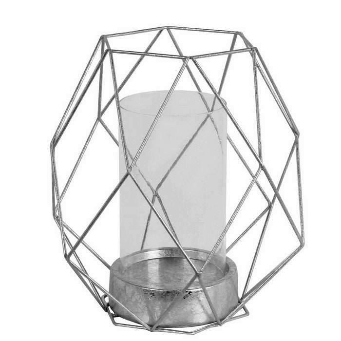 Open Geometric Design Metal Candle Holder with Glass Hurricane, Silver