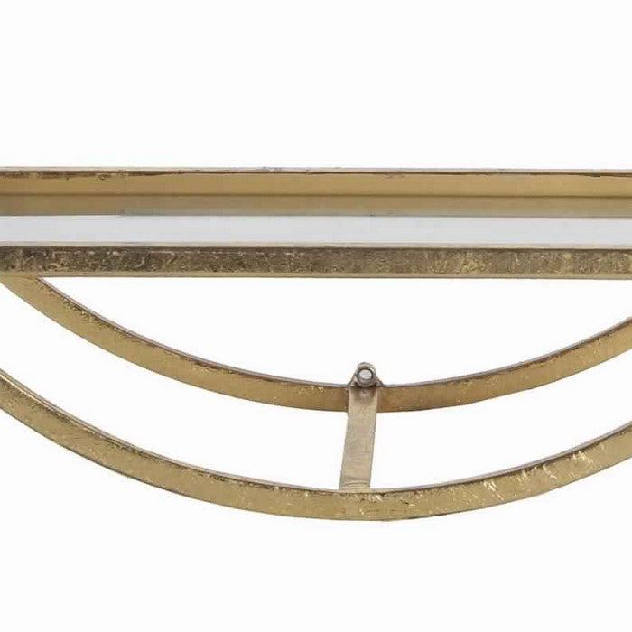 Metal Wall Shelf with Dual Circular Frames and Mirror Top Tray,Medium, Gold