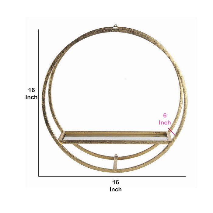 Metal Wall Shelf with Dual Circular Frames and Mirror Top Tray,Medium, Gold