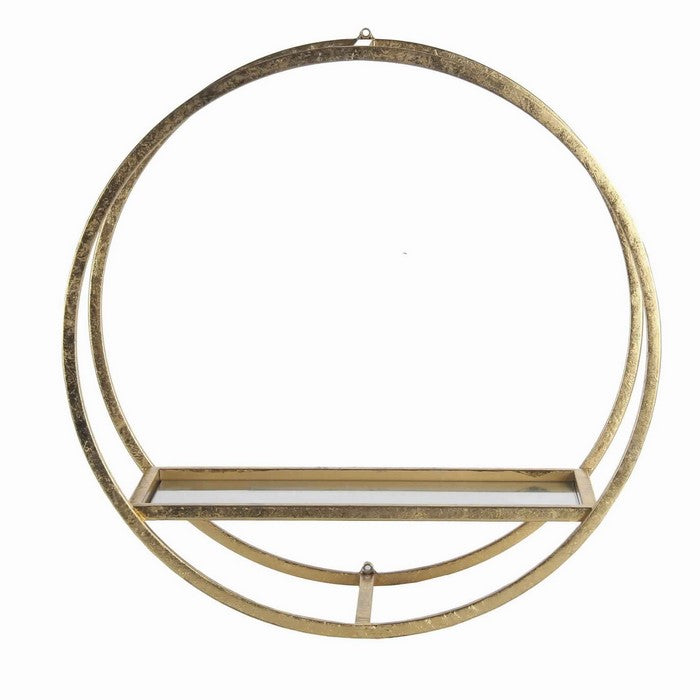 Metal Wall Shelf with Dual Circular Frames and Mirror Top Tray,Medium, Gold