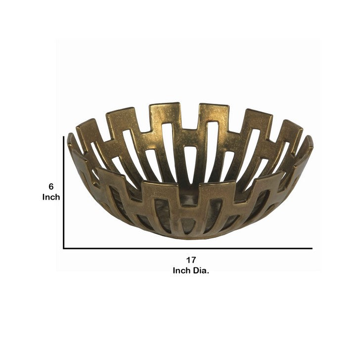 Metal Decorative Bowl with Geometric Design, Large, Gold