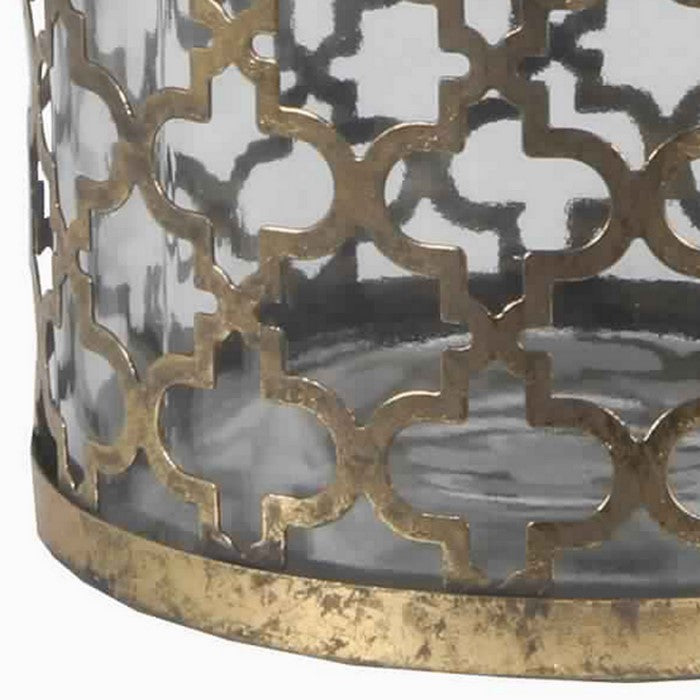 Glass Vase with Metal Quatrefoil Design and Metal Handle, Medium, Gold