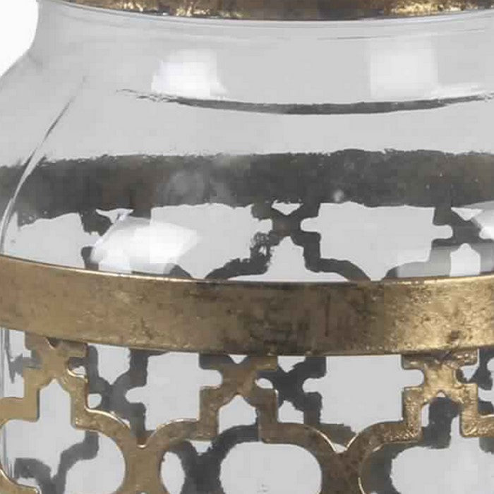Glass Vase with Metal Quatrefoil Design and Metal Handle, Medium, Gold