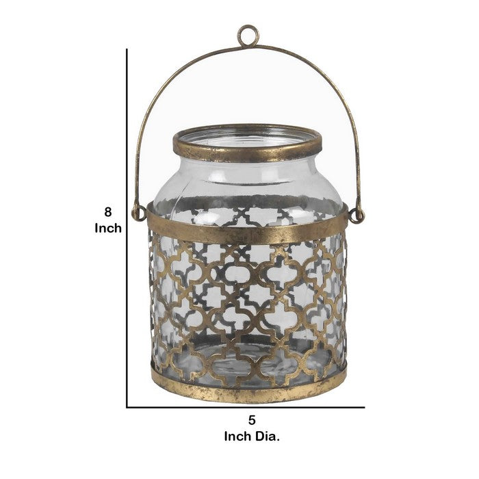Glass Vase with Metal Quatrefoil Design and Metal Handle, Medium, Gold