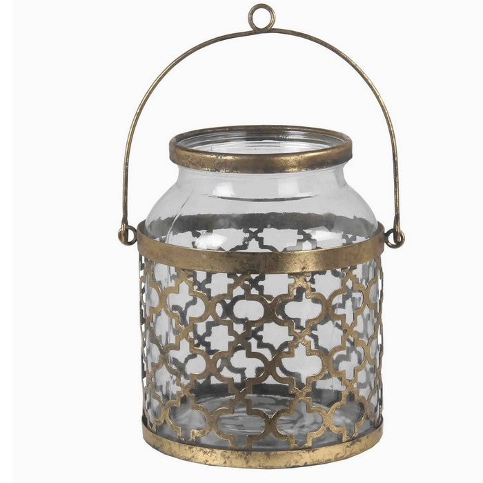Glass Vase with Metal Quatrefoil Design and Metal Handle, Medium, Gold