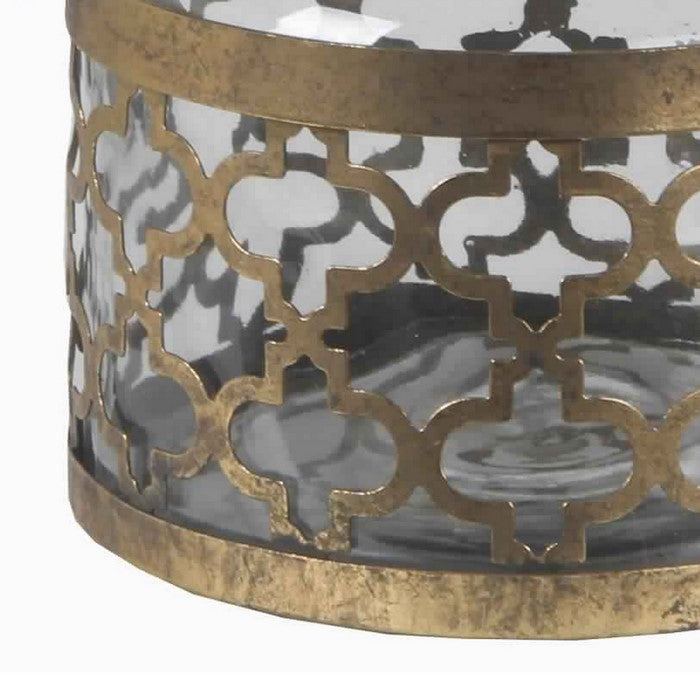 Glass Vase with Metal Quatrefoil Design and Metal Handle, Small, Gold