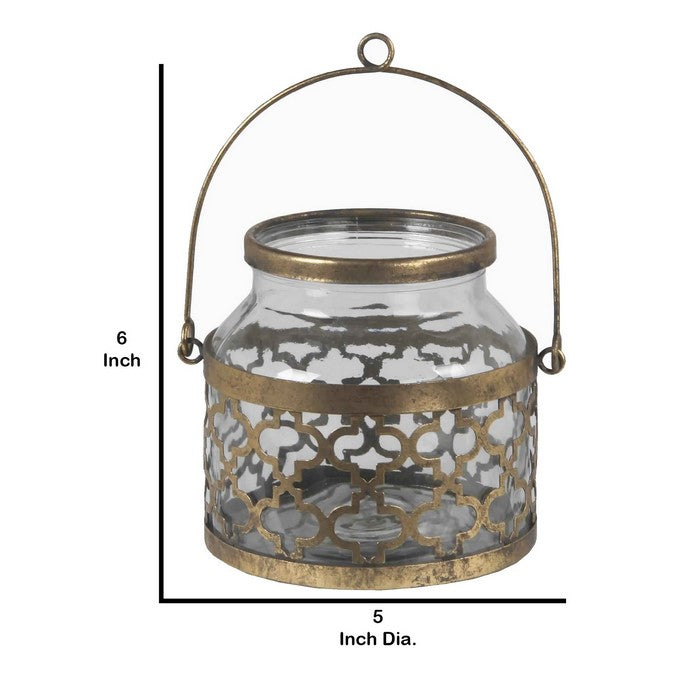 Glass Vase with Metal Quatrefoil Design and Metal Handle, Small, Gold