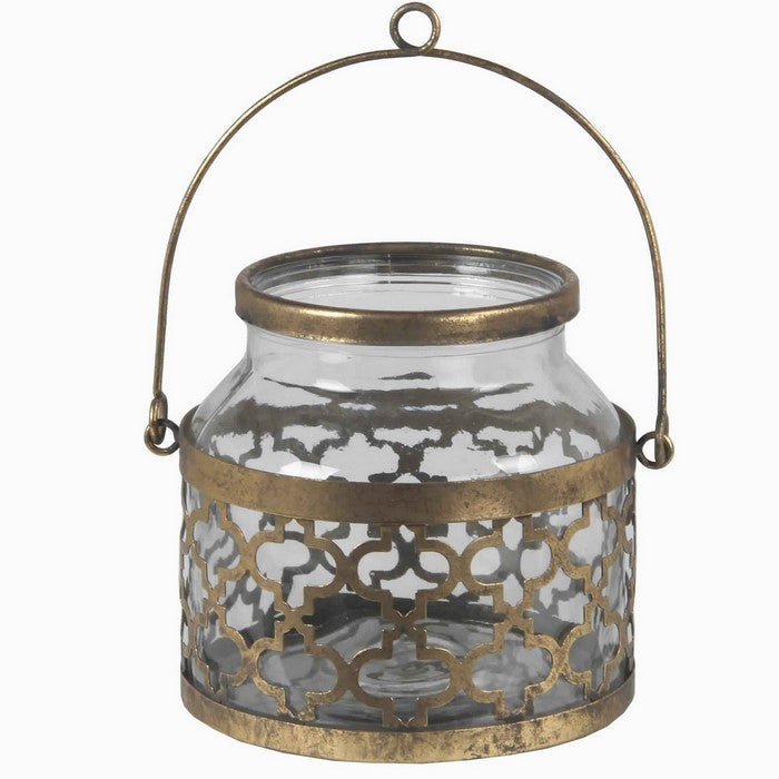 Glass Vase with Metal Quatrefoil Design and Metal Handle, Small, Gold