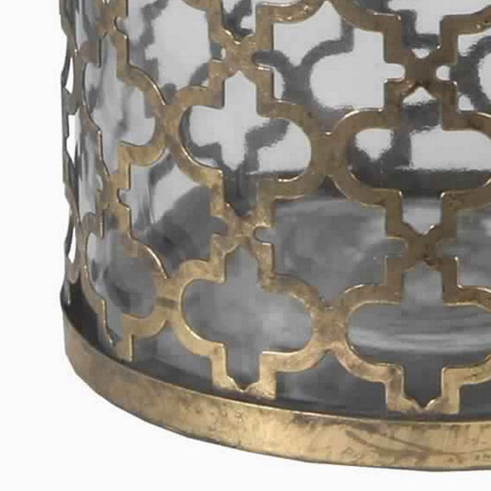 Glass Vase with Metal Quatrefoil Design and Metal Handle, Large, Gold