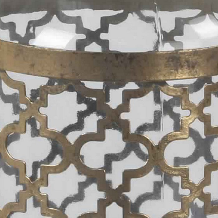 Glass Vase with Metal Quatrefoil Design and Metal Handle, Large, Gold