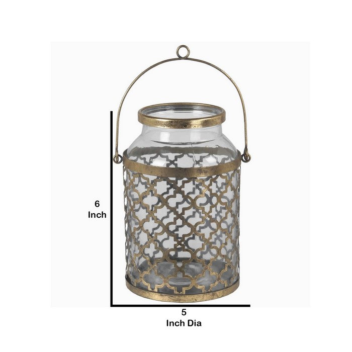Glass Vase with Metal Quatrefoil Design and Metal Handle, Large, Gold