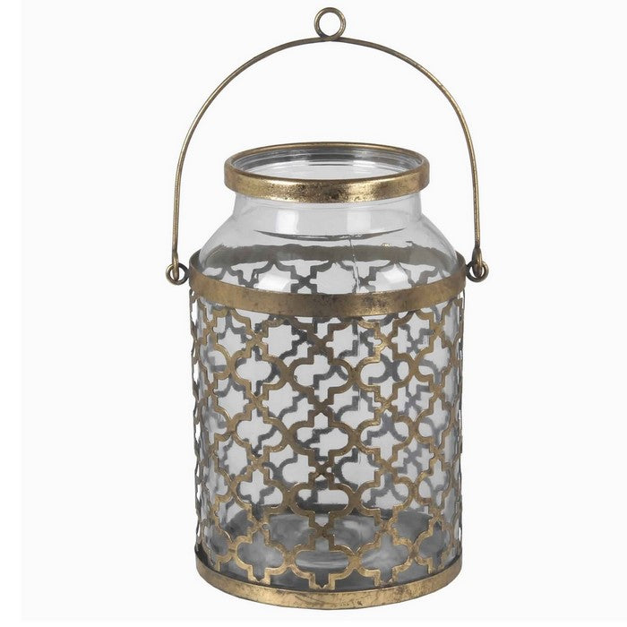 Glass Vase with Metal Quatrefoil Design and Metal Handle, Large, Gold