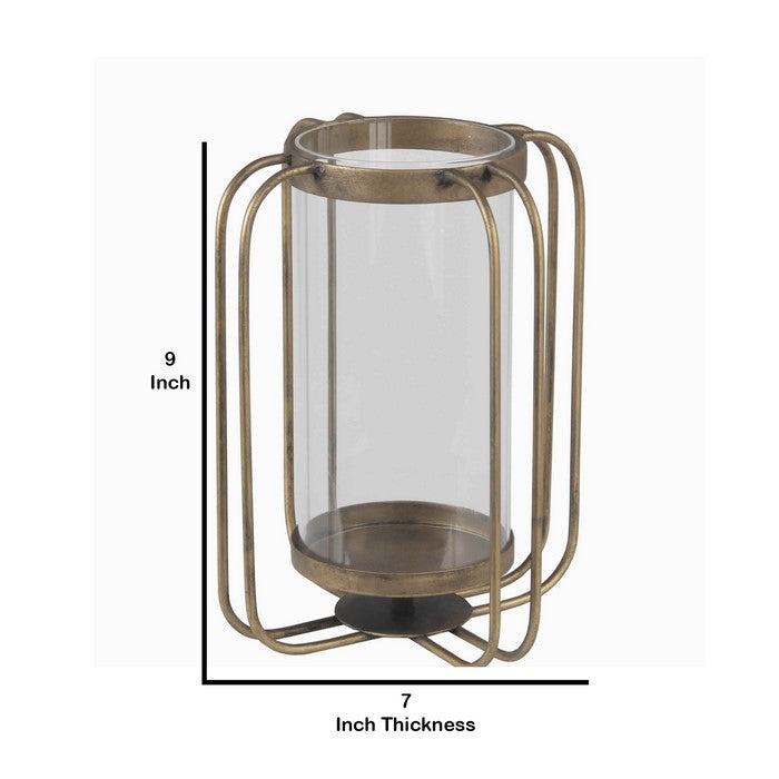 Candle Lantern with Metal Body and Glass Hurricane, Small, Gold