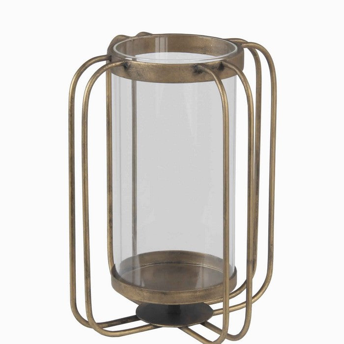 Candle Lantern with Metal Body and Glass Hurricane, Small, Gold