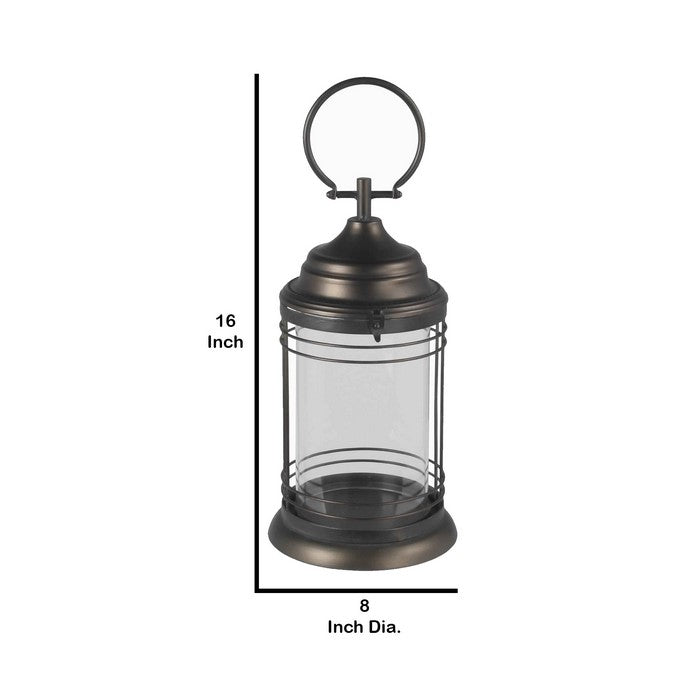 Candle Lantern with Metal Body and Glass Hurricane, Small, Bronze