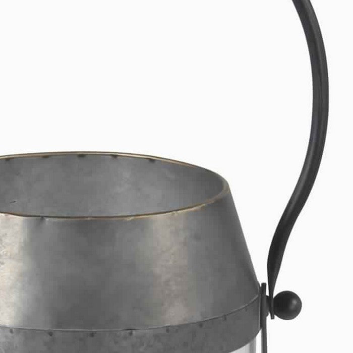 Industrial Candle Lantern with Metal Body and Glass Hurricane, Small, Gray