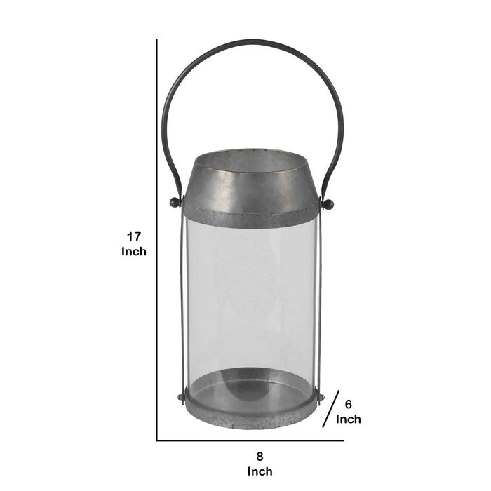 Industrial Candle Lantern with Metal Body and Glass Hurricane, Small, Gray