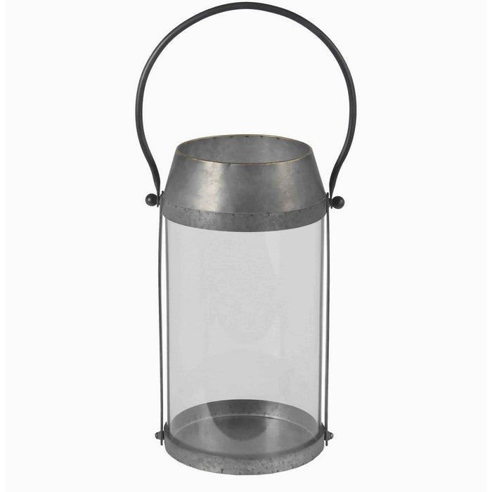 Industrial Candle Lantern with Metal Body and Glass Hurricane, Small, Gray
