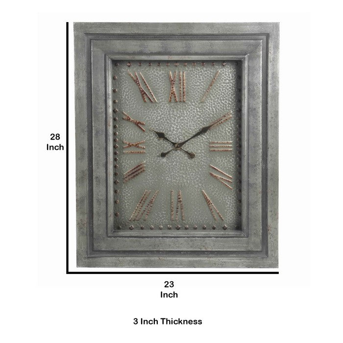 Rectangular Metal Wall Clock with Roman Numerals and Spade Hands, Gray