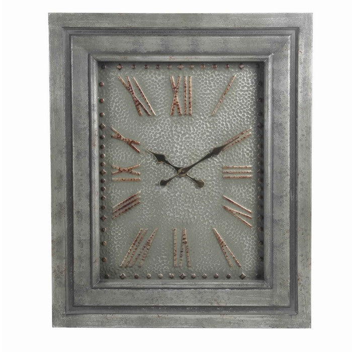 Rectangular Metal Wall Clock with Roman Numerals and Spade Hands, Gray