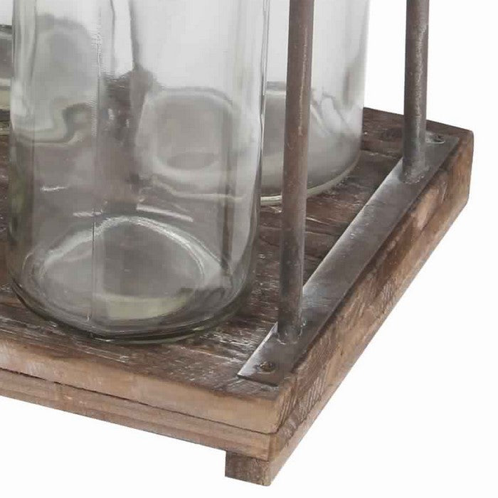 4 Glass Bottle Decor with Wooden Base and Metal Stands, Clear and Brown