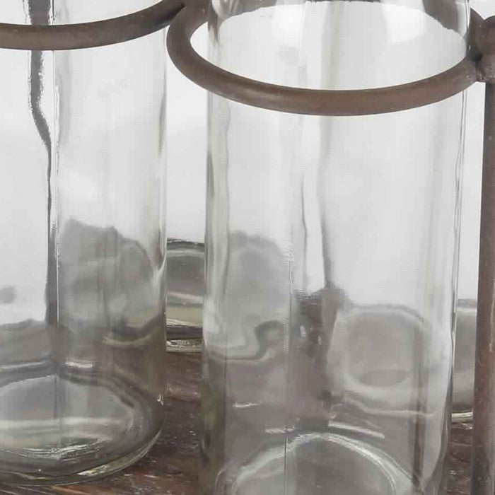 4 Glass Bottle Decor with Wooden Base and Metal Stands, Clear and Brown