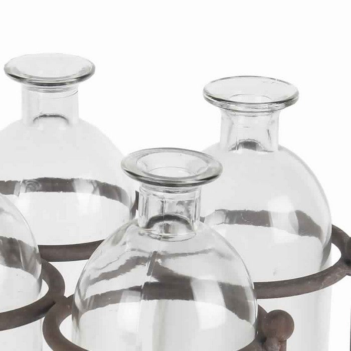 4 Glass Bottle Decor with Wooden Base and Metal Stands, Clear and Brown