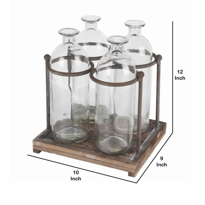 4 Glass Bottle Decor with Wooden Base and Metal Stands, Clear and Brown
