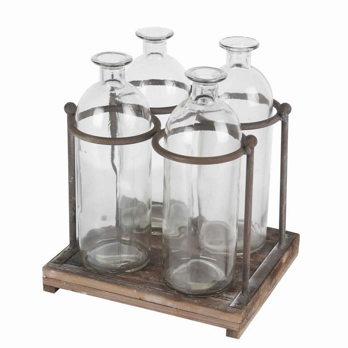 4 Glass Bottle Decor with Wooden Base and Metal Stands, Clear and Brown