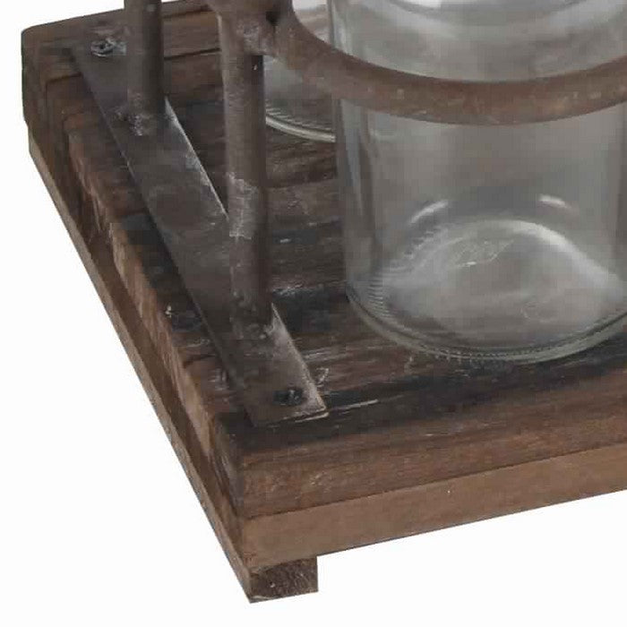6 Glass Bottle Decor with Wooden Base and Metal Stands, Clear and Brown