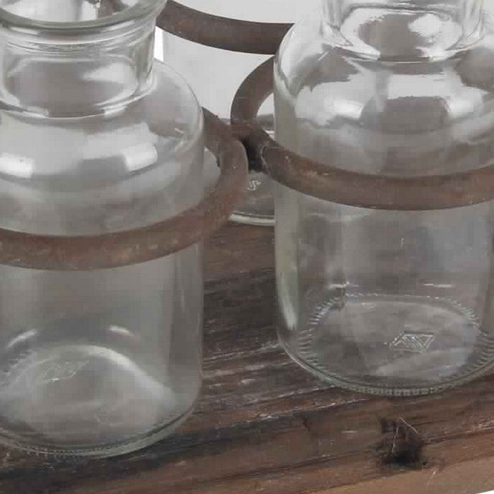 6 Glass Bottle Decor with Wooden Base and Metal Stands, Clear and Brown