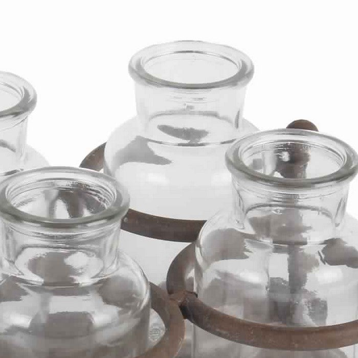 6 Glass Bottle Decor with Wooden Base and Metal Stands, Clear and Brown