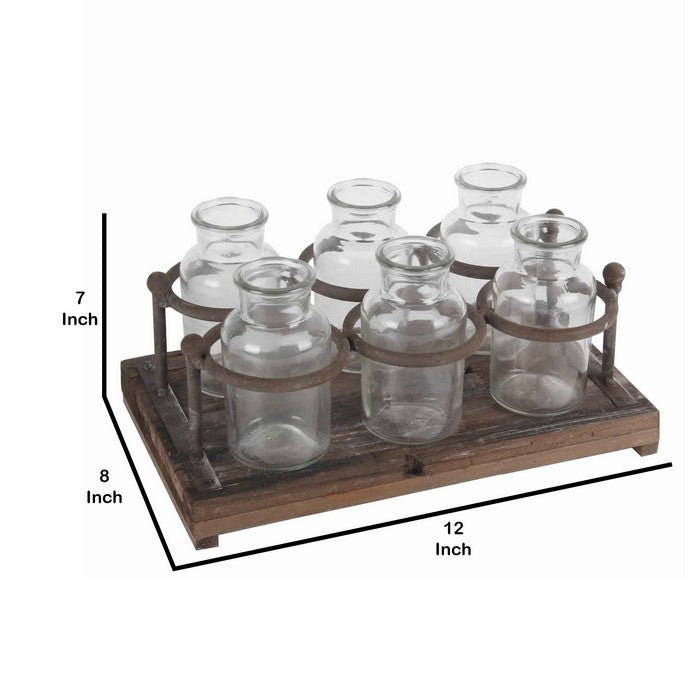 6 Glass Bottle Decor with Wooden Base and Metal Stands, Clear and Brown