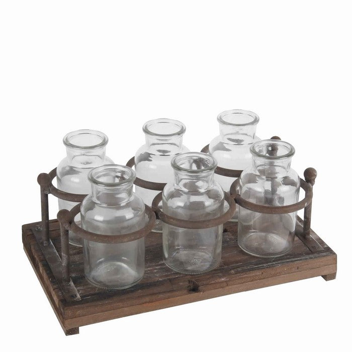 6 Glass Bottle Decor with Wooden Base and Metal Stands, Clear and Brown
