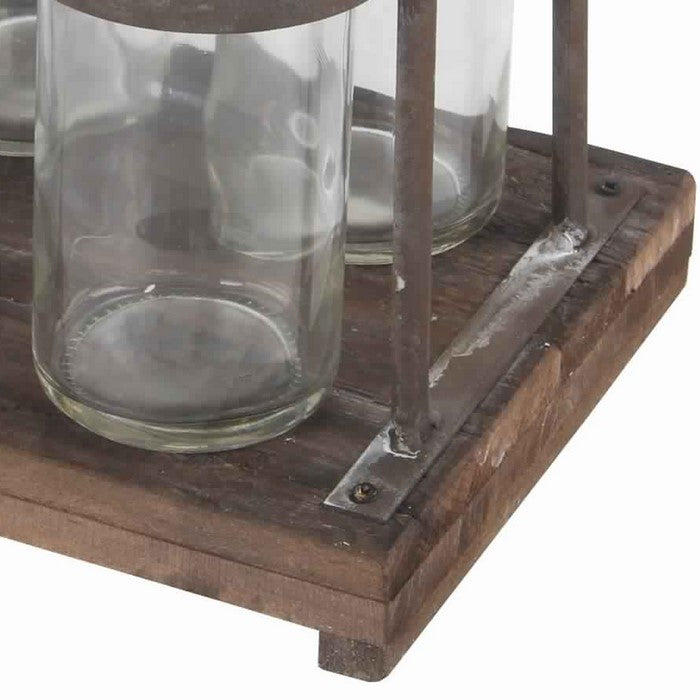 4 Glass Bottle Decor with Wooden Base and Metal Stands, Brown and Clear