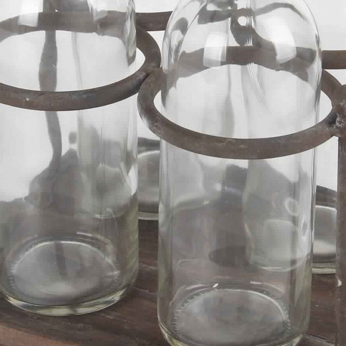 4 Glass Bottle Decor with Wooden Base and Metal Stands, Brown and Clear