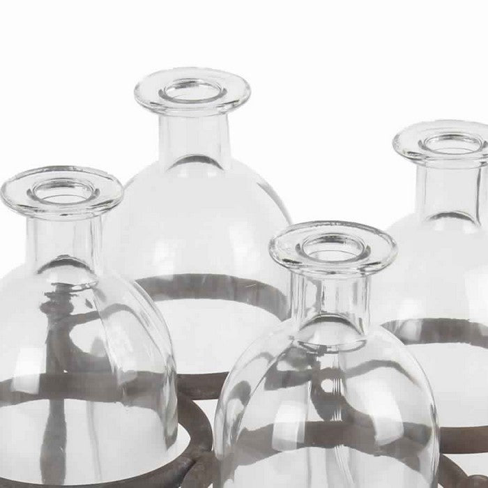 4 Glass Bottle Decor with Wooden Base and Metal Stands, Brown and Clear