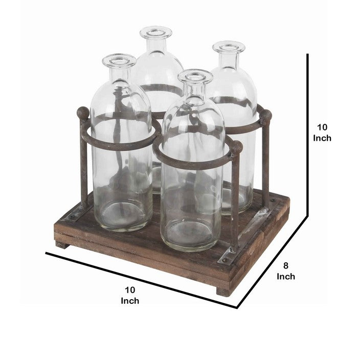 4 Glass Bottle Decor with Wooden Base and Metal Stands, Brown and Clear