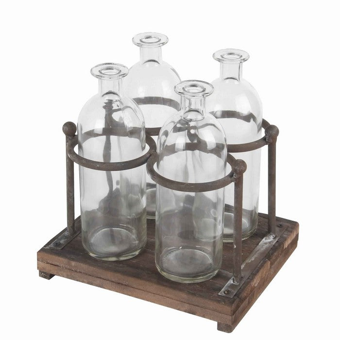 4 Glass Bottle Decor with Wooden Base and Metal Stands, Brown and Clear