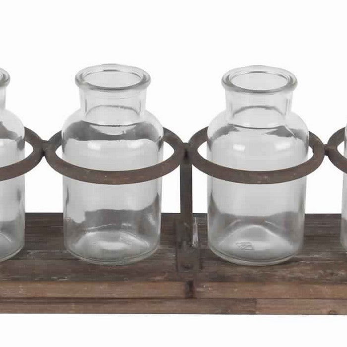 6 Glass Bottle Decor with Wooden Base and Metal Stands, Brown and Clear