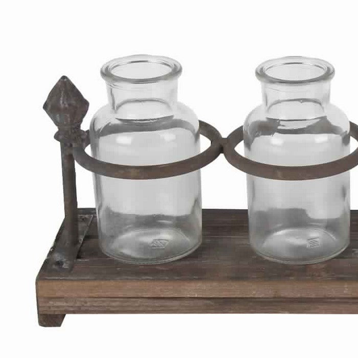 6 Glass Bottle Decor with Wooden Base and Metal Stands, Brown and Clear