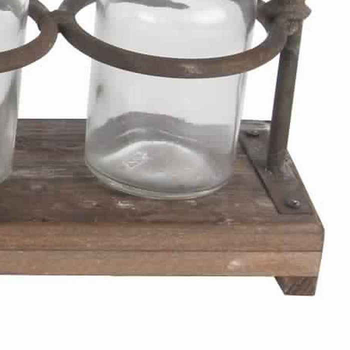 6 Glass Bottle Decor with Wooden Base and Metal Stands, Brown and Clear