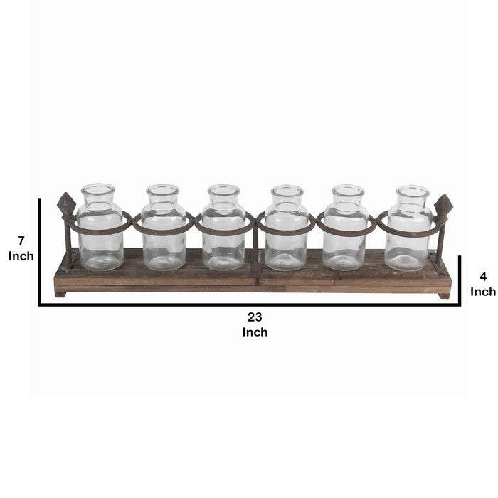 6 Glass Bottle Decor with Wooden Base and Metal Stands, Brown and Clear