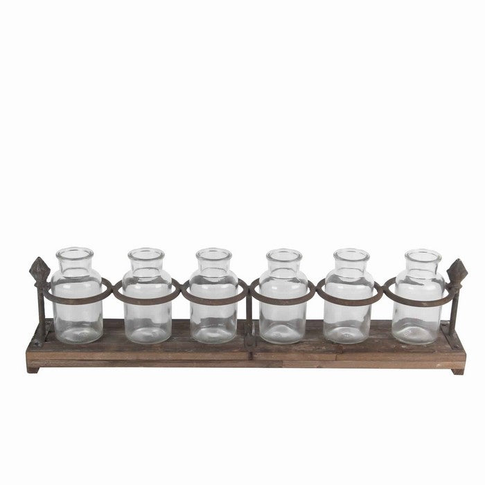 6 Glass Bottle Decor with Wooden Base and Metal Stands, Brown and Clear