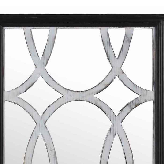Rectangular Wooden Wall Mirror with Interlocked Oval Pattern,Black and Gray