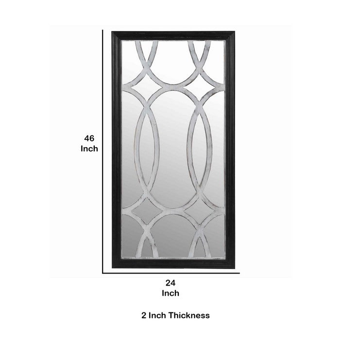 Rectangular Wooden Wall Mirror with Interlocked Oval Pattern,Black and Gray