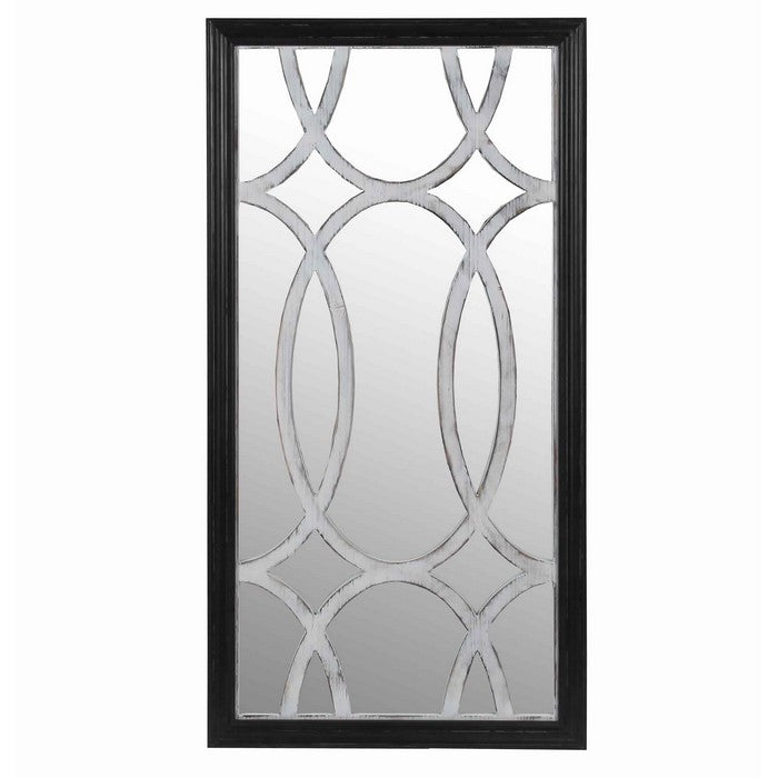 Rectangular Wooden Wall Mirror with Interlocked Oval Pattern,Black and Gray