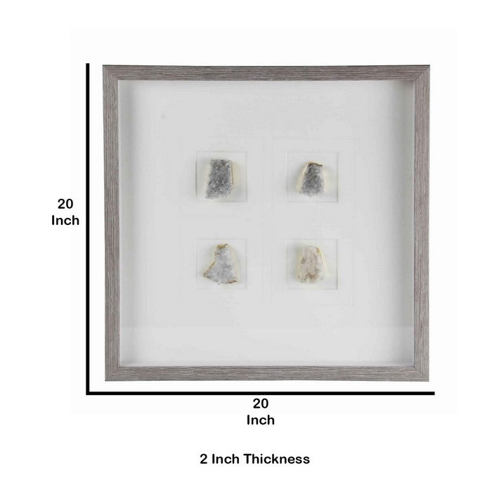 Square Wooden Shadow Box with 4 Quartz Crystals, Brown and Gray
