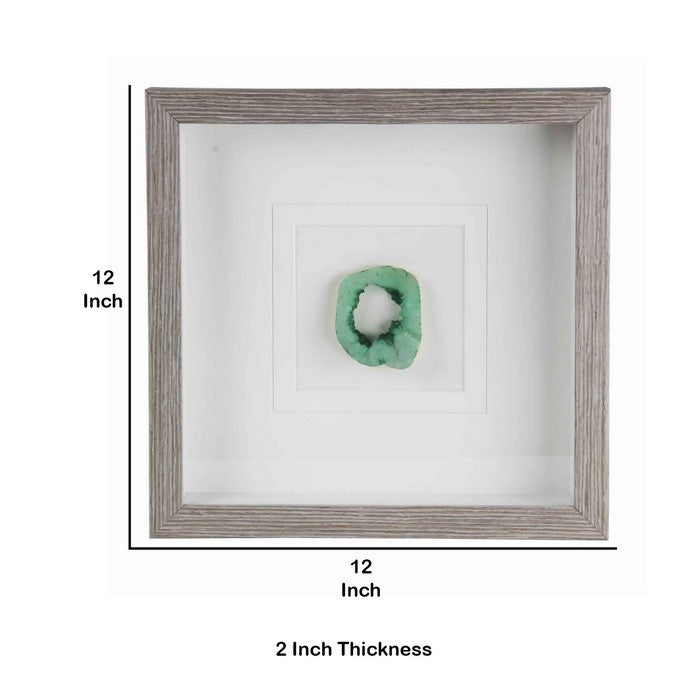 Square Wooden Shadow Box with One Quartz Crystal, Brown and Green