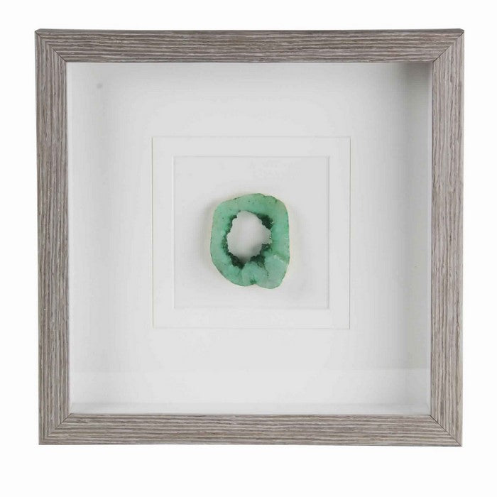Square Wooden Shadow Box with One Quartz Crystal, Brown and Green